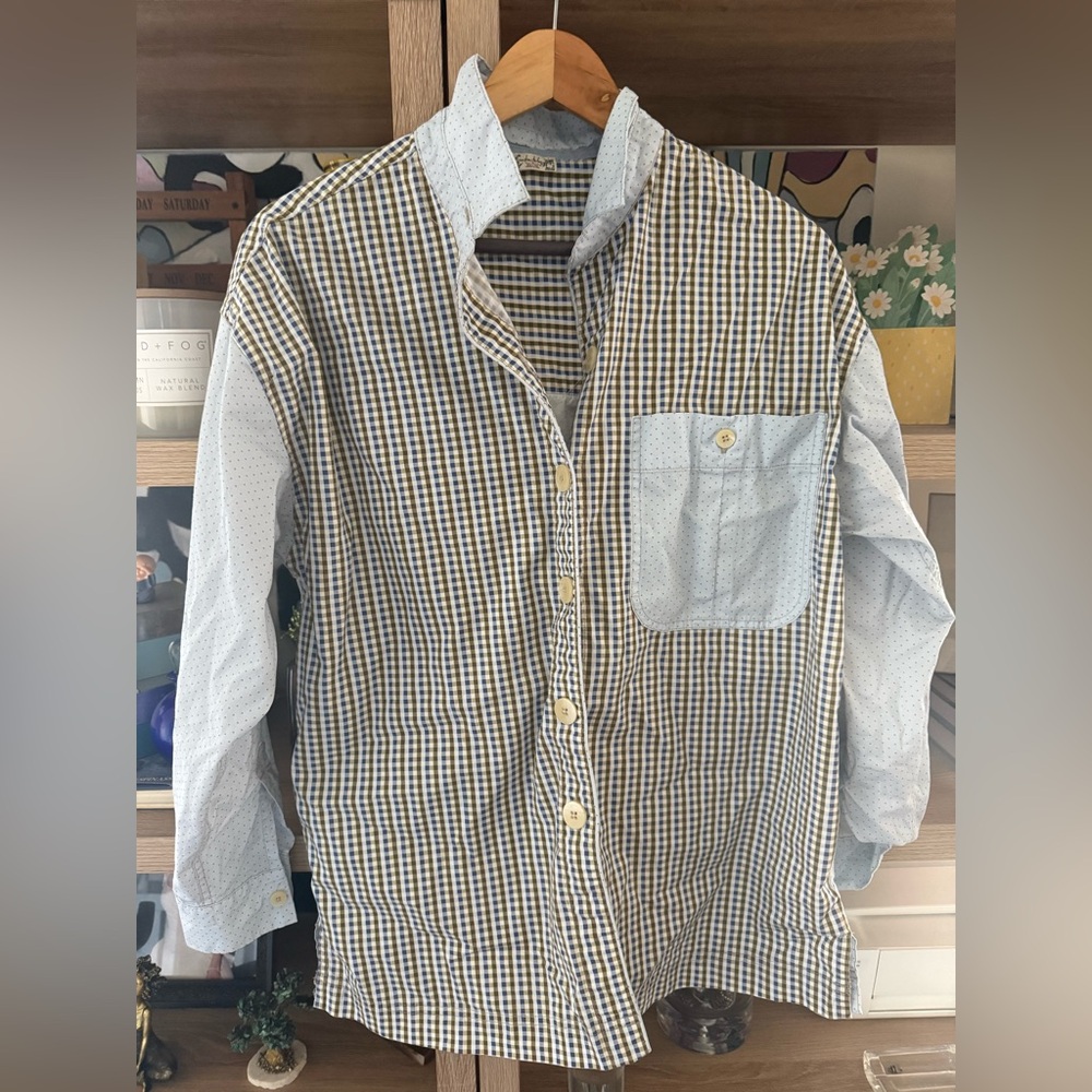 Free People Mixed-Check Button-Down Shirt in Yellow, Navy & Light Blue